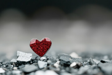 Fototapeta premium Jewel with heart-shaped glitter on stones, blurred background. Copy space. Love concept.