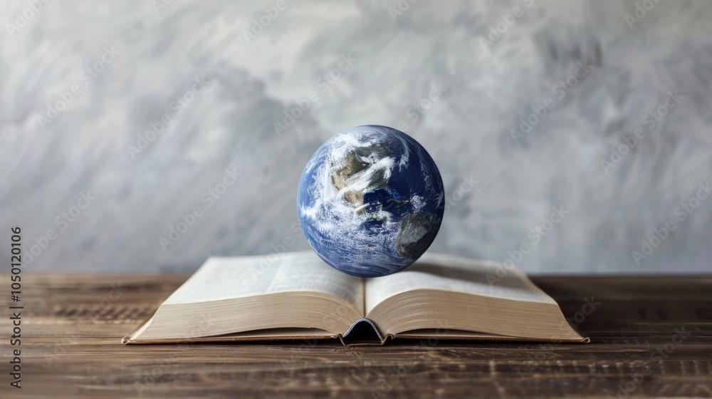 Poster a surreal representation of a world emerging from an open book against a clean, simple background, m