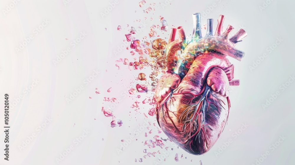 Poster a surrealistic depiction of a heart with anatomical details surrounded by colorful, abstract element