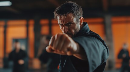 A man wearing a black karate uniform throws a punch with a focused expression.