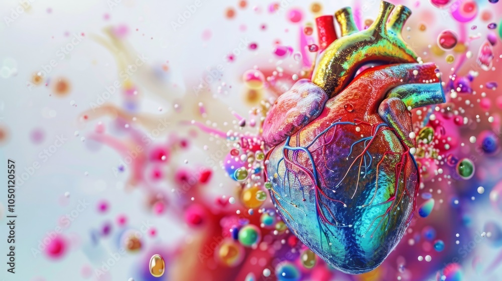 Aufkleber A surrealistic depiction of a heart with anatomical details surrounded by colorful, abstract elements, macro shot