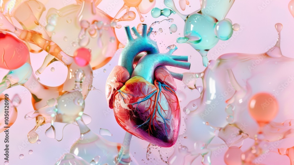 Poster a surrealistic depiction of a heart with anatomical details surrounded by colorful, abstract element