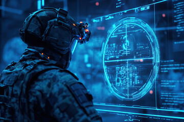 Warfare analytic operator checking coordination of the military troops on a digital device with virtual reality glasses