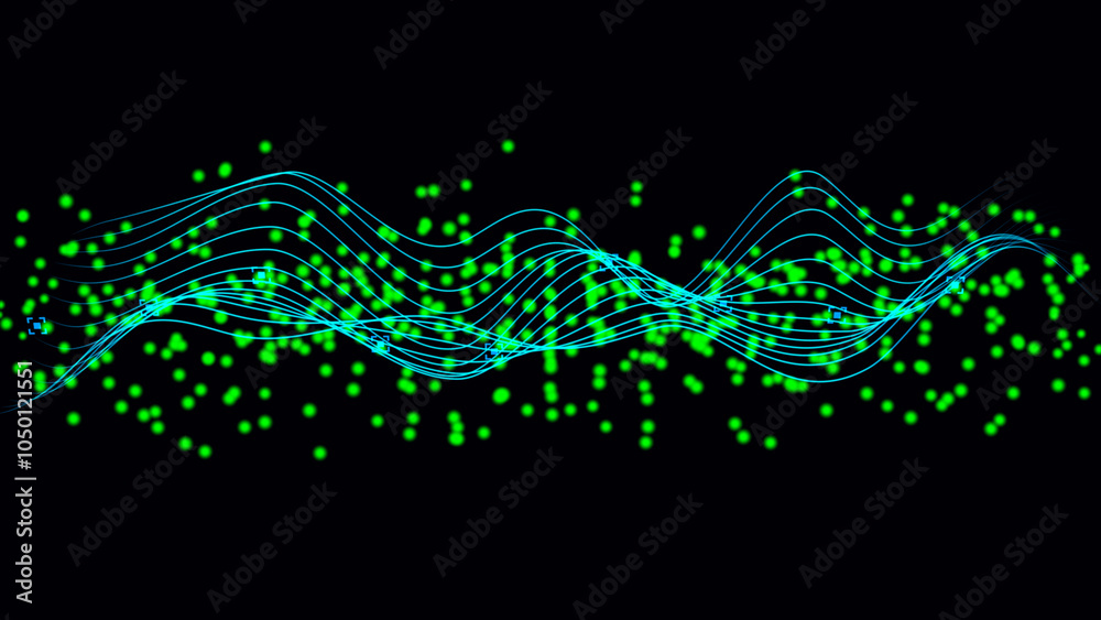 Poster abstract green particle background. flow wave with dot landscape. pattern point visualization. techn