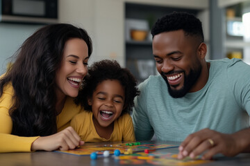 Fototapeta premium A joyful family playing a board game, with a mother, father, and young child laughing around a colorful board, capturing heartwarming togetherness in a casual home setting. Family togetherness
