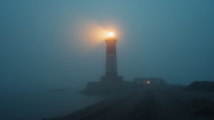 Fototapeta premium Lighthouse beaming through dense fog symbolizing hope and guidance in darkness
