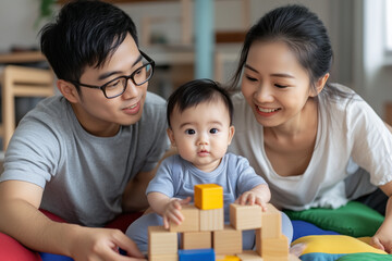 Obraz premium A joyful Asian family playing a board game, with a mother, father, and young child laughing around a colorful board, capturing heartwarming togetherness in a casual home setting. Family togetherness