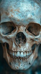 Naklejka premium Realistic human skull with detailed anatomy in grayscale