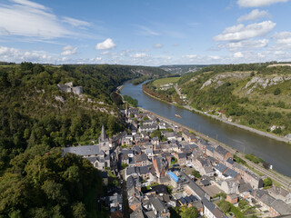 Dinant, Wallonia, Belgium, small city scape river Meuse, aerial drone view.