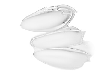 Composition of white cream smears and transparent gel smears on an empty background. Skincare...