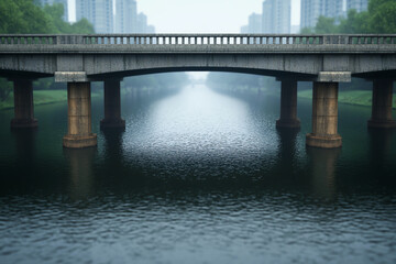 Highangle view of capital city bridges crossing a wide river, urban landscape in soft light