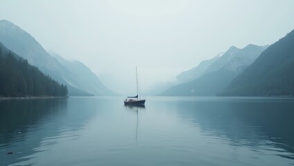 Serene boat on a tranquil lake amidst majestic mountains