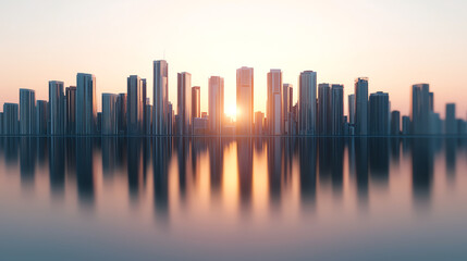 Obraz premium Aerial panorama of a capital city s waterfront, tall buildings reflecting on calm water, evening light