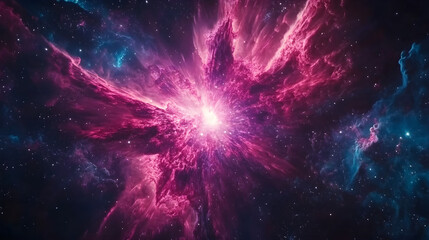 Fototapeta premium Exploding supernova in shades of crimson and sapphire sending out cosmic rays