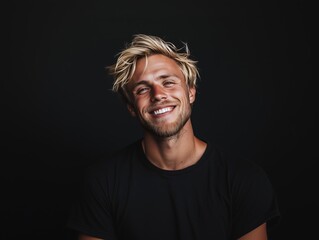 Smiling Blonde Man with Tousled Hair, Black Background. Generative AI.