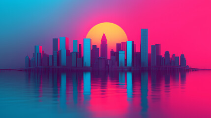 Fototapeta premium Evening panorama of capital city bridges with city lights, reflecting on the water, stunning colors