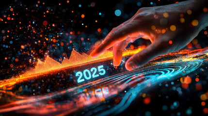 hand reaching towards glowing 2025 in vibrant digital landscape