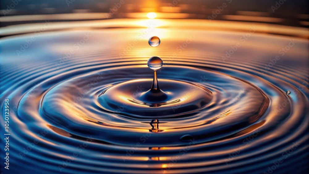 Poster a water droplet creates concentric ripples on a still surface as the sun sets behind it, reflecting 