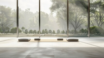 A tranquil scene of a yoga class in a serene health studio, with participants in various poses and a focus on their relaxation, set against a calming