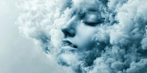 A woman's face is obscured by a cloud of smoke