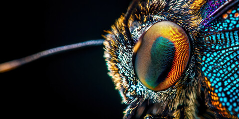 A close up of a butterfly's eye with a green spot