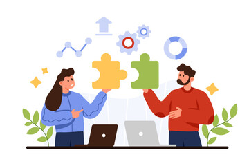 Team building, business partnership for goal achievement, teamwork on collective solution. Tiny man and woman holding puzzle pieces together to match and collaborate cartoon vector illustration
