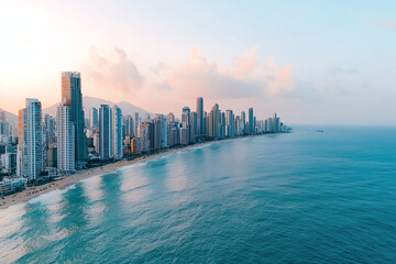 Naklejka premium Aerial shot of a capital city s busy harbor area, skyscrapers along the coast, dynamic atmosphere