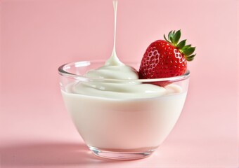 strawberry close-up in a glass saucer yogurt sour cream