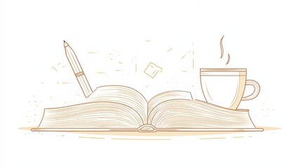 Open Book with Coffee and Pen Illustration