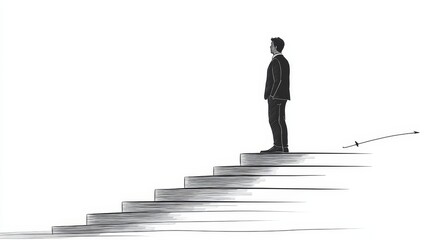 "Man in Suit Standing at the Top of Stairs Contemplating Success"