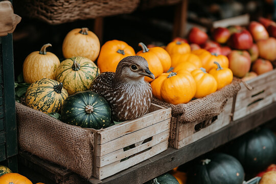 stand de march&eacute; automnal, fruits et l&eacute;gumes,  petite caille cach&eacute;e dans une cagette 