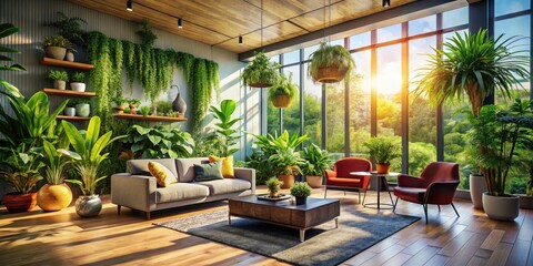 Fototapeta premium Lush Indoor Garden in Living Room: UHD Wallpaper of Vibrant Greenery, Modern Decor, and Cozy Atmosphere for Home Interior Design Inspiration