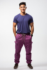 Naklejka premium a man in purple color casual outfit standing in the studio with isolated background
