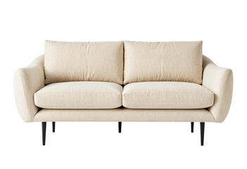 Fototapeta premium A beige sofa with three matching pillows, black legs, and a black frame is the central focus of the image, set against a white background, creating a minimalist and elegant aesthetic
