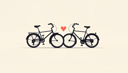 Fototapeta premium Two bicycles forming a heart shape, romantic atmosphere, minimalist design 
