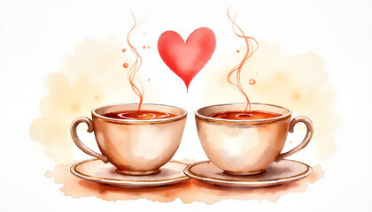 Two steaming cups of coffee with a heart above, warm atmosphere, watercolor illustration 