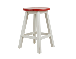 A white wooden stool with a red seat and sturdy legs is shown against a white background, with the stool's design and color contrasting with the background