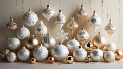 A majestic still life of Christmas ornaments in white and gold, adorned with intricate designs, glistening with a warm, festive shine, on a subtle, creamy background, evoking a sense of luxury 