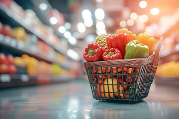 Naklejka premium Shopping basket full of different grocery products on the floor