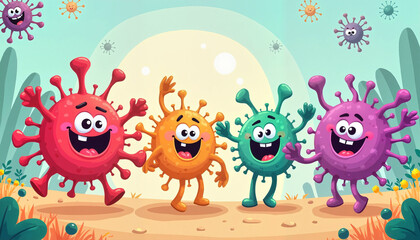 Fototapeta premium Happy cartoon virus characters celebrating together in a vibrant outdoor setting, immunity in children, children's health immunity