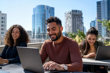 A group of diverse coworkers works on laptops outdoors on a modern terrace, with a cityscape backdrop, showcasing teamwork, productivity, and a relaxed professional environment.Rooftop collaboration