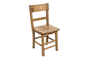 Fototapeta premium A single, light-colored wooden chair with a curved backrest and seat, featuring a small shelf on the right side, is displayed against a white background, emphasizing its rustic charm and simplicity