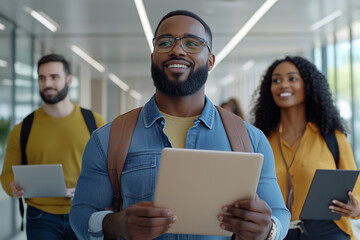 A multicultural group of young professionals walks confidently through a bright, minimalistic office hallway, holding tablets, embodying teamwork, innovation, and diversity, collaborative innovation
