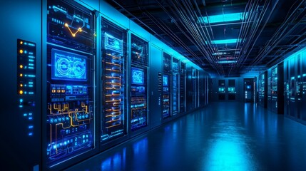 Futuristic High-Tech Electrical Cabinet in Dark Room