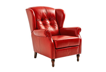 Fototapeta premium A single, red leather armchair with a high backrest and wooden legs is centrally positioned against a white background, inviting relaxation and comfort