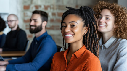 Obraz premium A young woman with long, styled dreadlocks smiles in a group meeting, surrounded by attentive participants, highlighting diversity and a collaborative, inclusive workspace. Inclusive collaboration