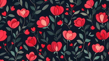 Seamless floral pattern featuring red flowers and delicate leaves, perfect for wallpaper or fabric design, evoking a vintage spring atmosphere