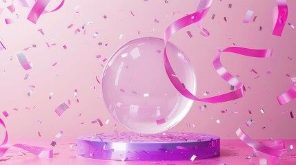 Obraz premium A large, transparent glass sphere hovers above a purple, circular podium on a pink background with pink ribbons and confetti.