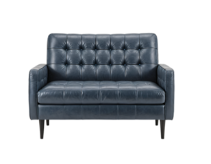 A sleek, dark blue leather sofa with a tufted backrest and armrests, a curved backrest