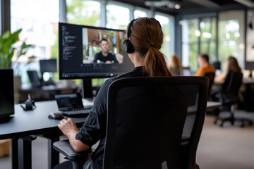 A person with headphones attends a virtual meeting on a computer screen in a modern office, with coworkers in the background, blended virtual and in-office collaboration. Concept: hybrid workspace